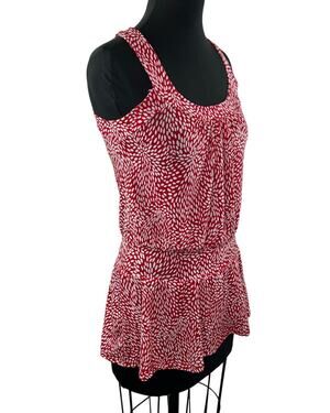 ROBIN K. Red White Print Sleeveless Square Neckline Pullover Peplum Tank Top S?